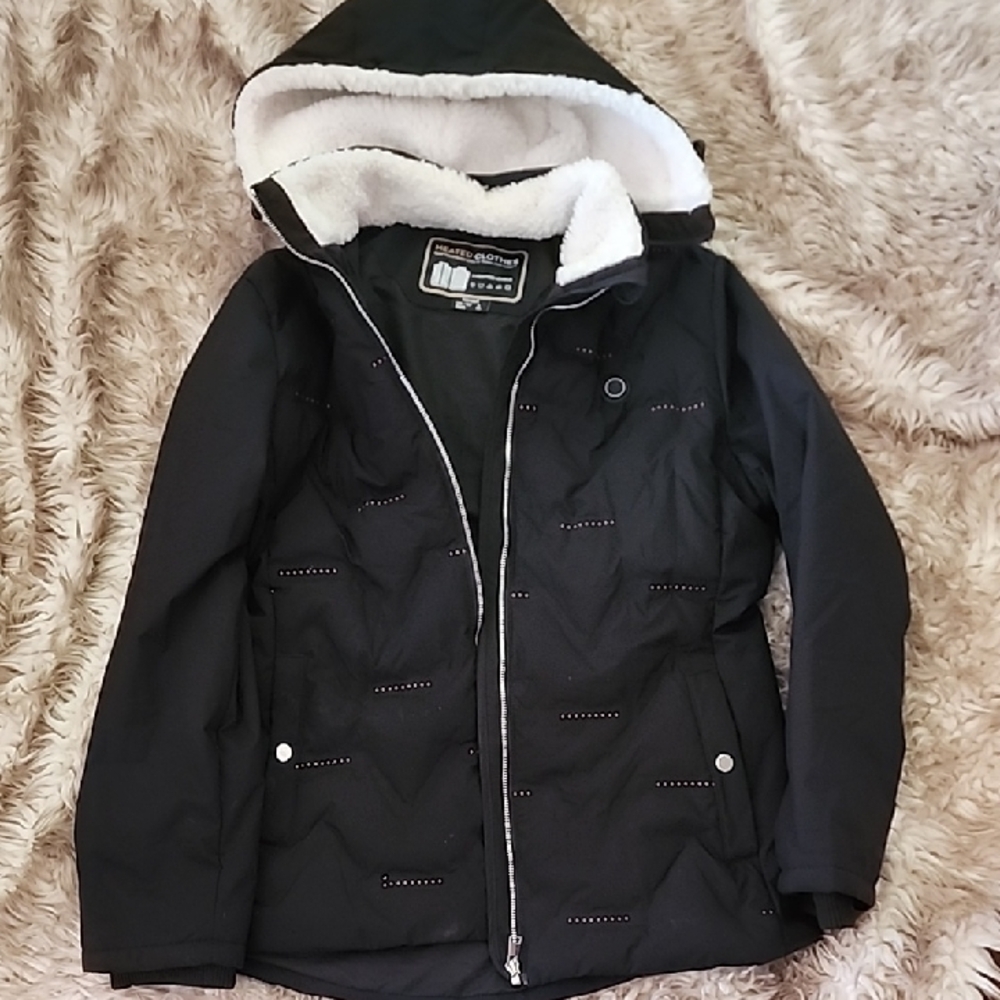 Heated Women's Black Hooded Jacket Size Large